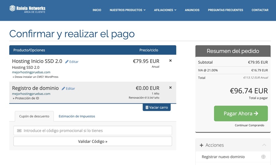 Introducir cupón descuento Raiola Networks