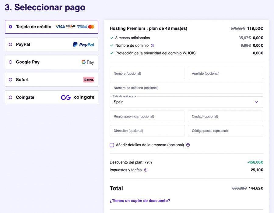 Introducir cupón descuento Hostinger