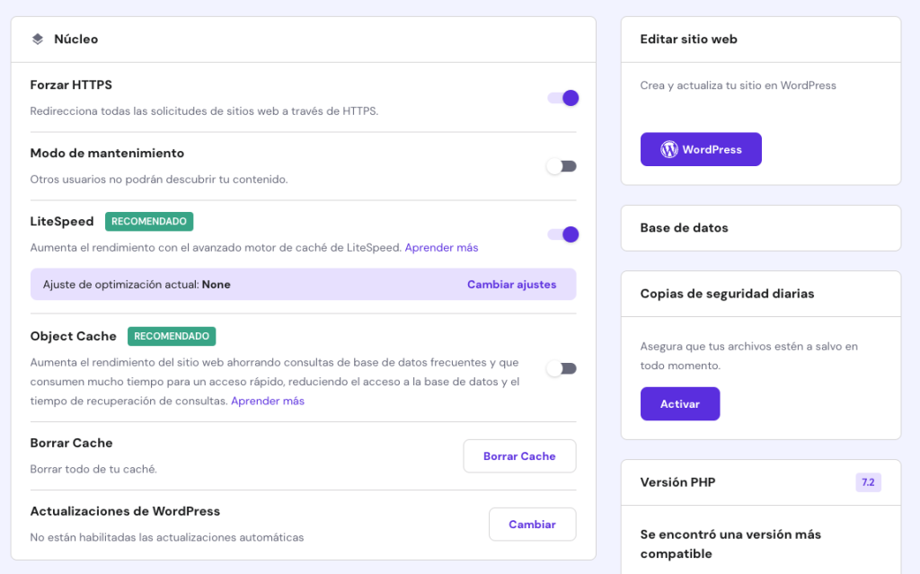 Panel de configuración de Hostinger
