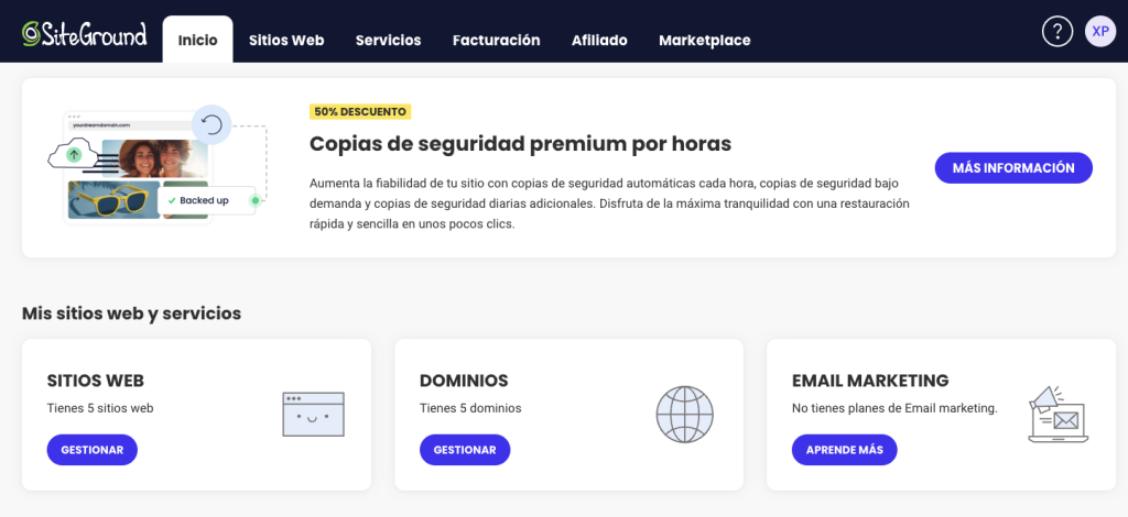 Panel de gestión de SiteGround