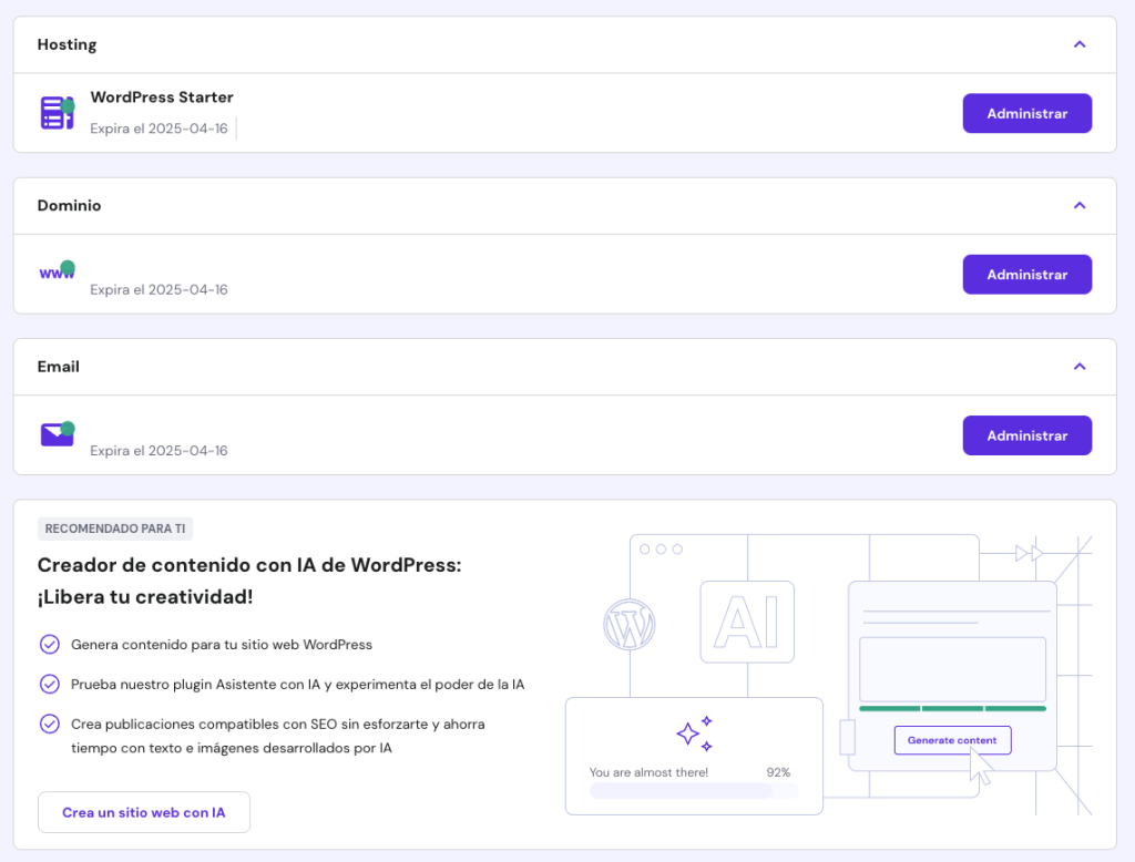 Instalador de WordPress en el panel de Hostinger